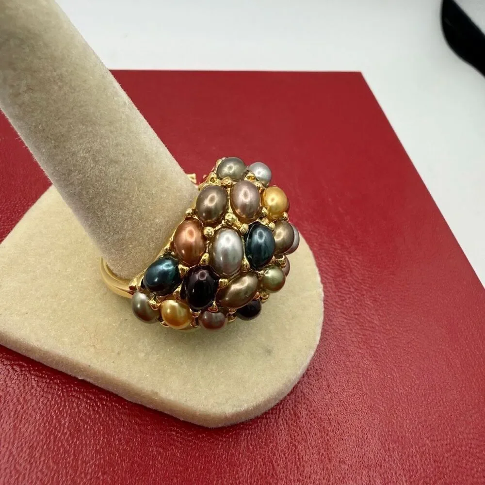 Kenneth Jay Lane vintage gold tone ring dome multi-colored faux pearls New sz 10